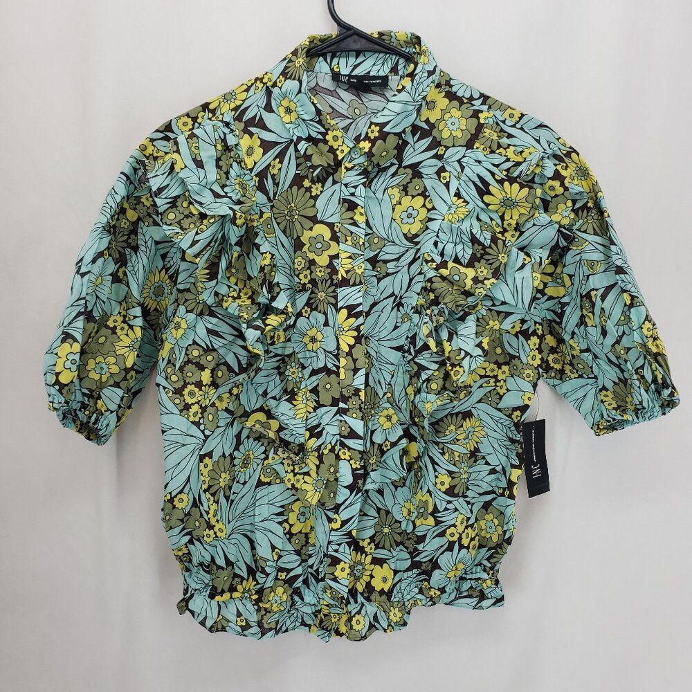 INC International Concepts Button Front Floral Print Top Medium (AR)